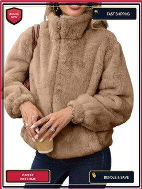 Womens Cropped Faux Fur Jacket Zip Up Fluffy Winter Coat